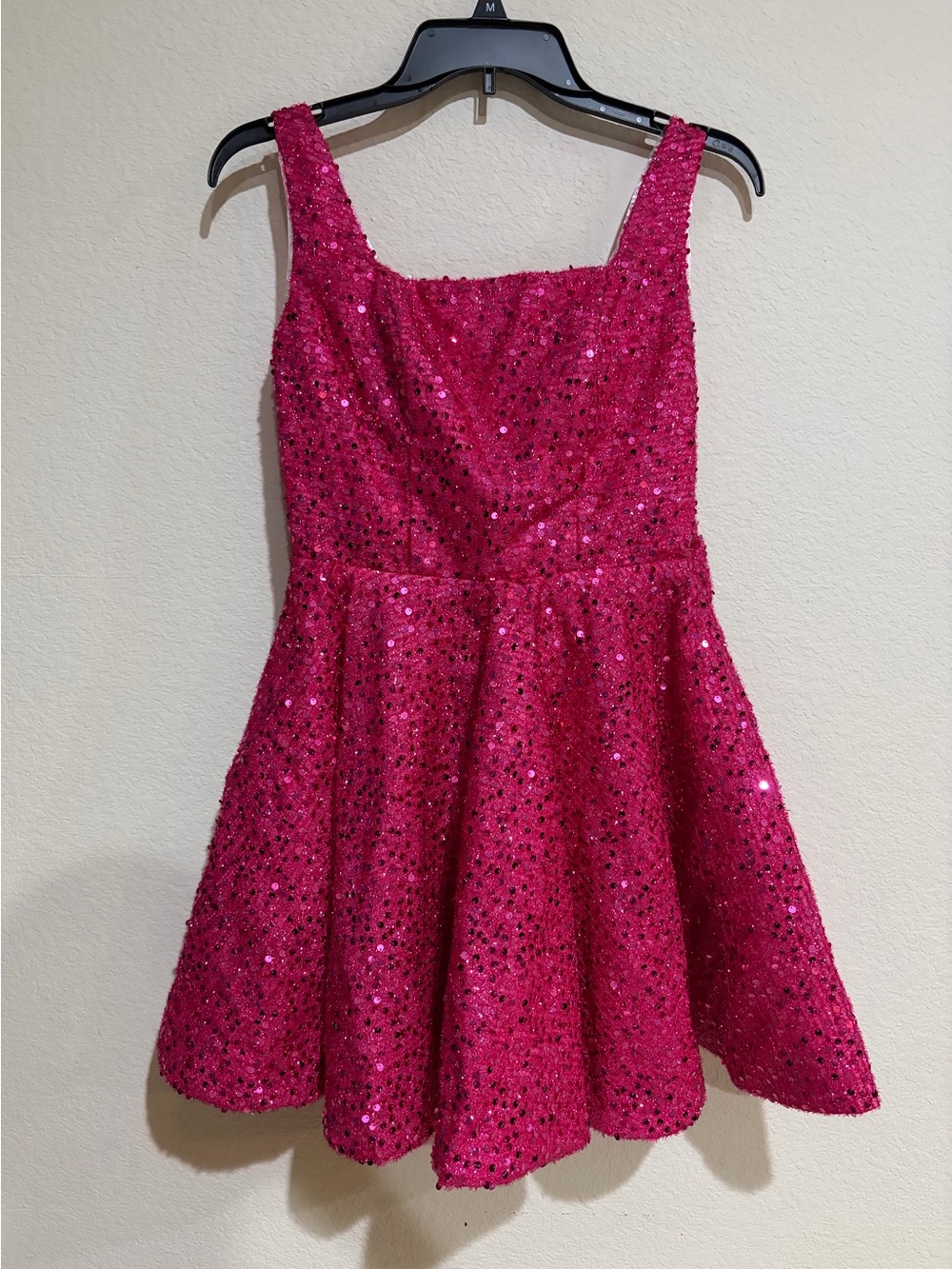 Hot Pink Sequin Fit & Flare Mini Dress Open Back Bow Party Cocktail